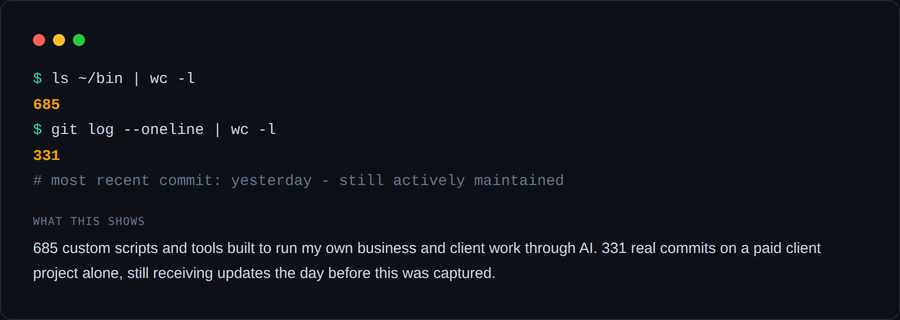 Terminal output showing real tool counts and commit history